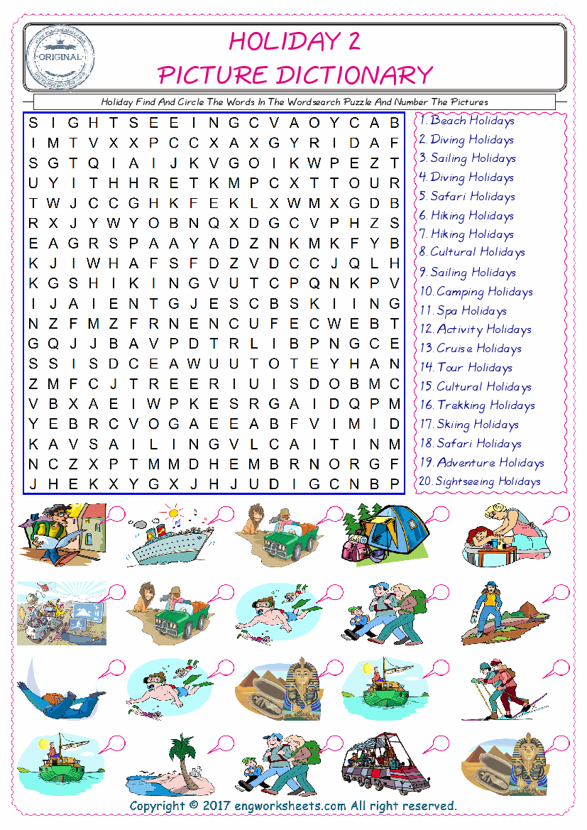  ESL wordsearch worksheets for kids, find Holiday words in the word wordsearch write its number on its picture English worksheet. 